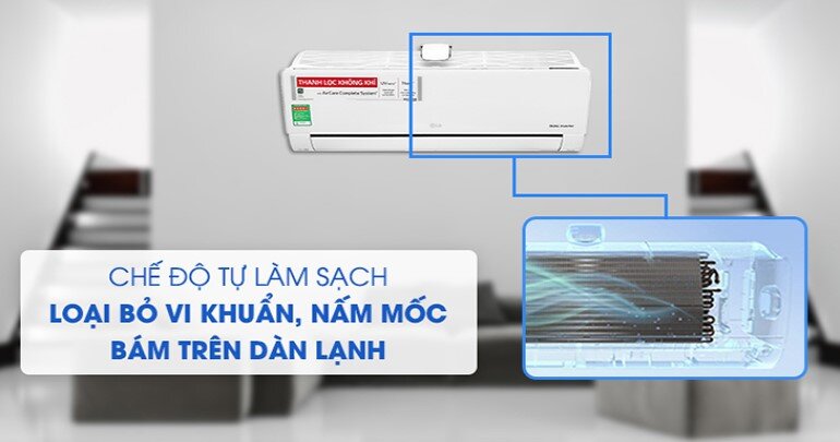 Chế độ tự động làm sạch loại bỏ vi khuẩn, nấm móc giúp bảo trì và kéo dài tuổi thọ điều hòa LG