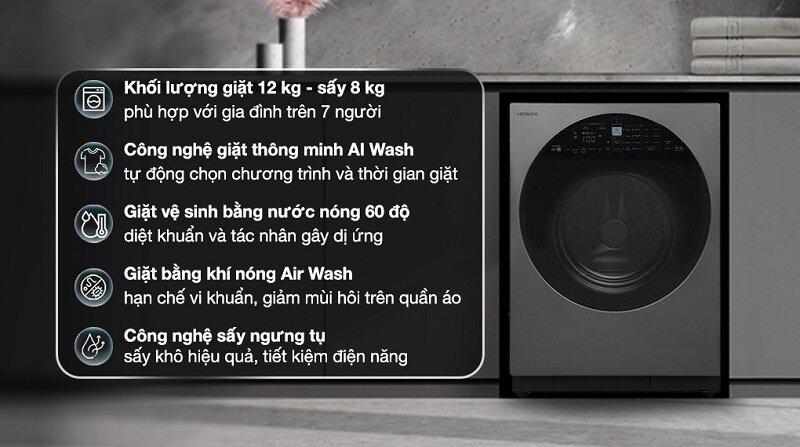 máy giặt sấy lồng ngang Hitachi BD-D120XGV 12 kg