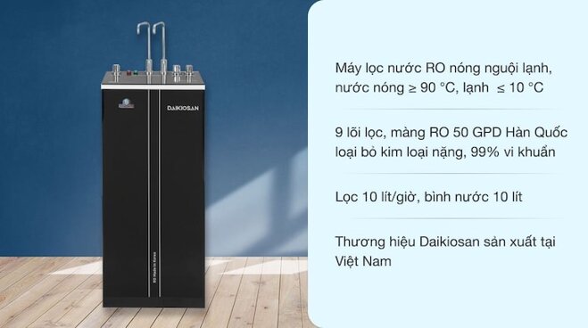 Máy lọc nước RO nóng nguội lạnh Daikiosan DXW-32709H với hệ thống 9 cấp lọc cho nguồn nước sạch sử dụng.