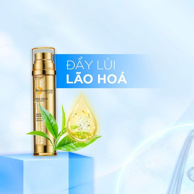 Caption: Double Serum BIO-GOLD 24K chứa đến 98% Vàng 24k và chiết xuất trà xanh cô đặc chính là thần dược chống lão hoá sớm cho mọi cô nàng.