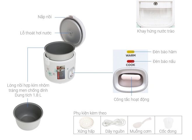 Nồi cơm điện Midea MR-CM1825 có dung tích 1.8 lít thích hợp cho gia đình 4 – 6 người trở lên.