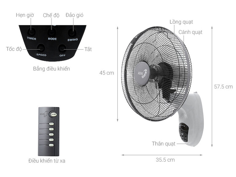 Quạt treo tường Asia có remote L16006