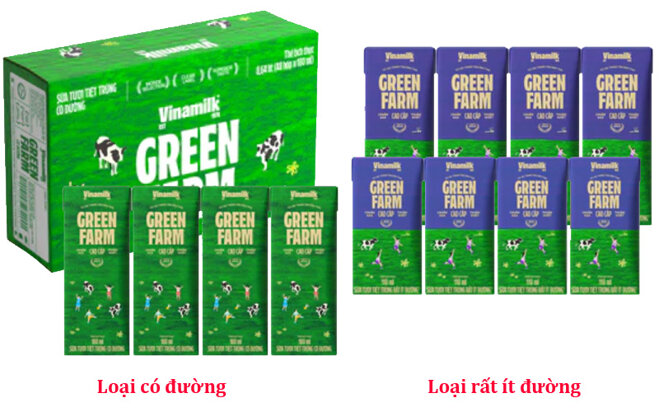 2 loại sữa Vinamilk Green Farm tiệt trùng có đường và rất ít đường