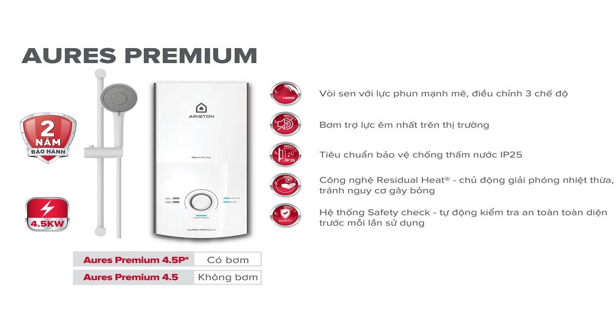 Tổng quan thiết kế, công nghệ trên bình nóng lạnh trực tiếp Ariston Aures Premium 4.5 - Kèm sen cây