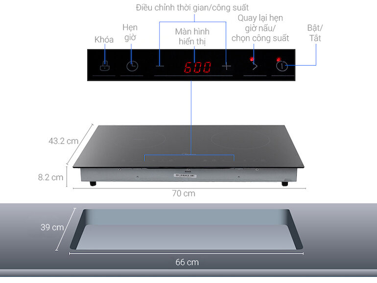 Bếp âm Midea MC-IHD361 giúp nấu ăn nhanh chóng với tổng công suất 3200W.