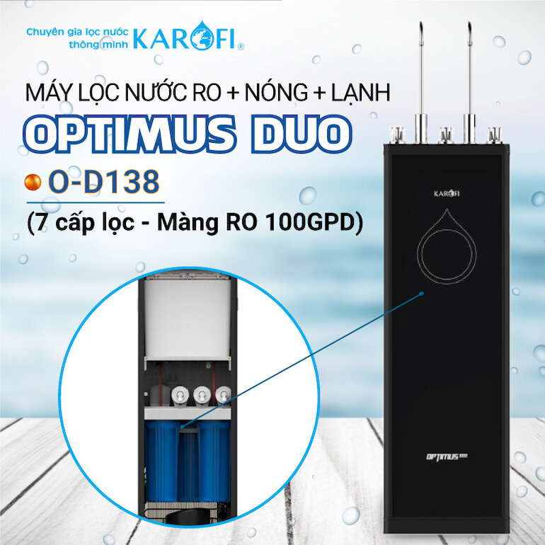 Máy lọc nước nóng lạnh Karofi Optimus Duo O-D138 có thiết kế đẹp mắt và sang trọng.