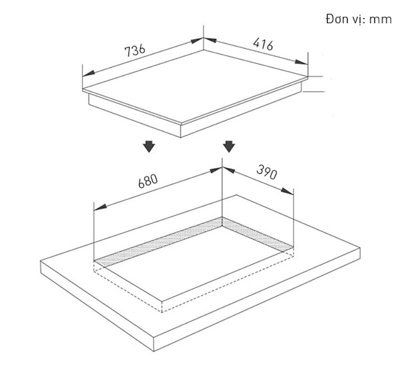 Kích thước lắp đặt bếp từ âm 2 vùng nấu Napoliz ITC388BT