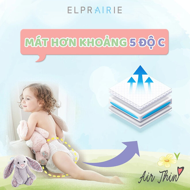 Bỉm Elprairie Air Thin giúp da bé mát hơn 5 độ so với các dòng bỉm khác