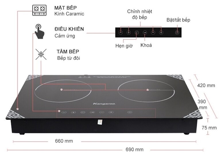 Bếp từ đôi Kangaroo KG498N có bàn phím cảm ứng thông minh dễ dàng thao tác và sử dụng.