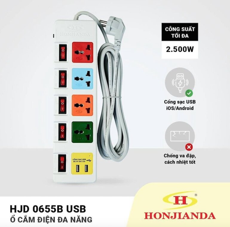 Ổ cắm điện chịu nhiệt đa năng HONJIANDA HJD-0655B-2U