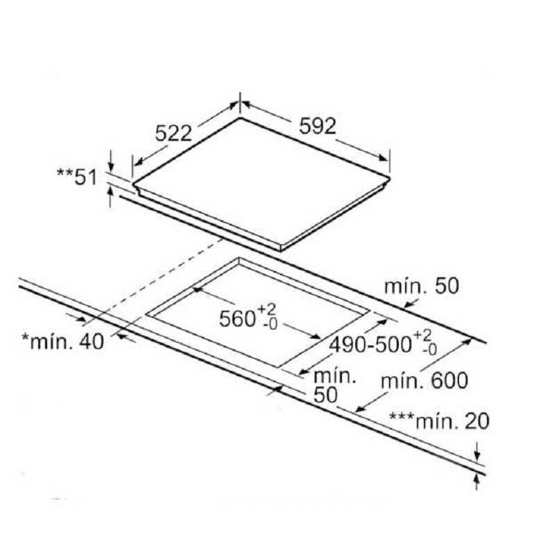 Kích thước bếp từ âm 3 vùng nấu Hafele PID631BB1E