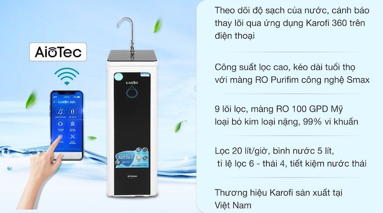 Máy lọc nước RO Karofi Optimus Pro O-i439 được trang bị công nghệ Aio Tech có khả năng kết nối với điện thoại thông minh.