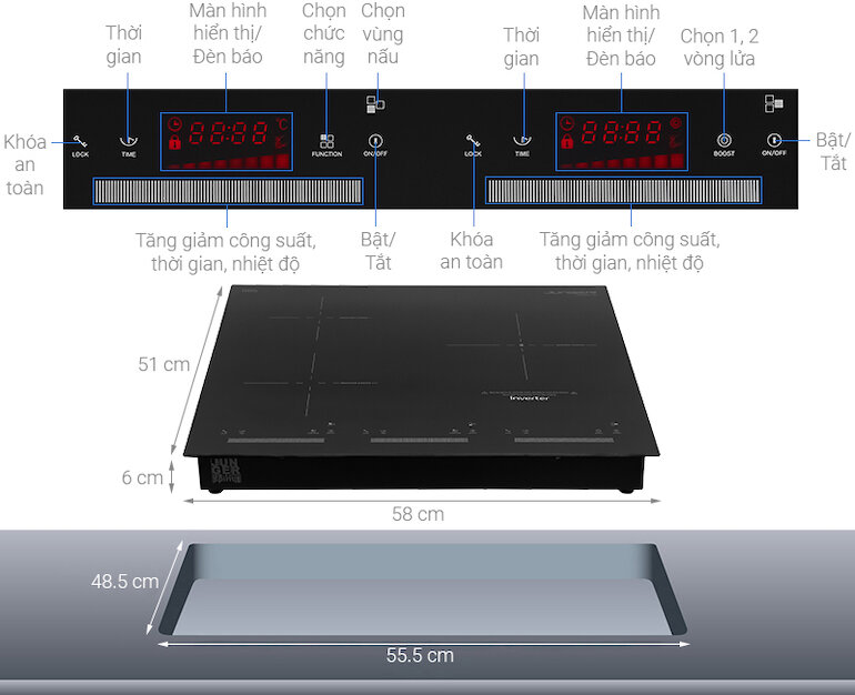 Bếp âm Junger CEJ-300-IIF với điều khiển cảm ứng trượt với 8 mức điều chỉnh công suất có màn hình hiển thị rõ nét, dễ dàng quan sát.