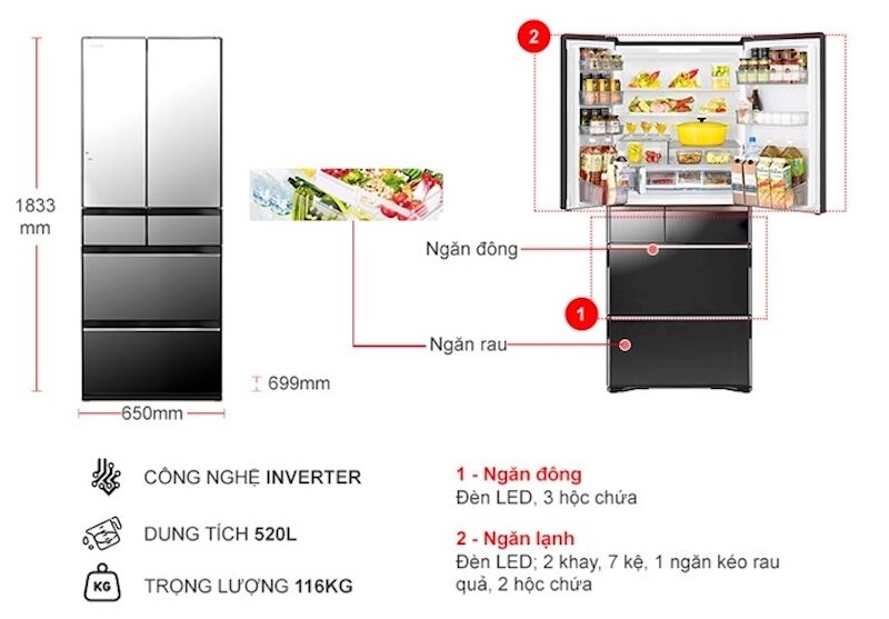 Tủ lạnh Hitachi Inverter 520 lít R-HW530NV (X) công nghệ làm lạnh hiện đại, thiết kế sang trọng