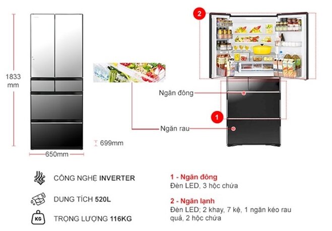 Tủ lạnh Hitachi Inverter 520 lít R-HW530NV (X) công nghệ làm lạnh hiện đại, thiết kế sang trọng