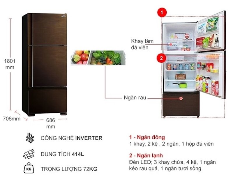 Đánh giá chi tiết tủ lạnh Mitsubishi Electric Inverter 414 lít MR-V50ER-BRW-V