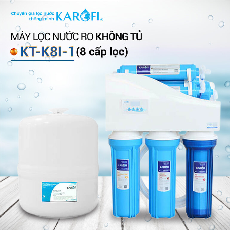 Máy lọc nước Karofi KT-K8I với hệ thống lọc 8 cấp với các lõi 5, 6, 7, 8 có chức năng.