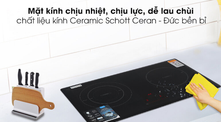 Bếp âm Kocher DI801GE IPLUS sử dụng mặt kính Schott Ceran sản xuất tại Đức.