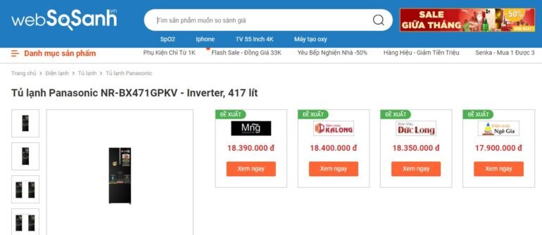 So sánh giá tủ lạnh Panasonic inverter 417 lít nr-bx471gpkv cùng Websosanh.vn
