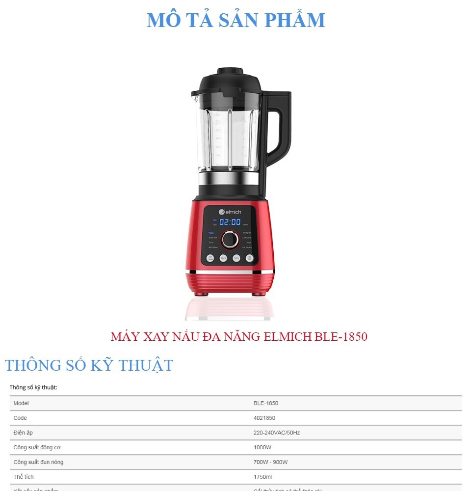 Thông số kỹ thuật máy xay nấu đa năng Elmich BLE-1850