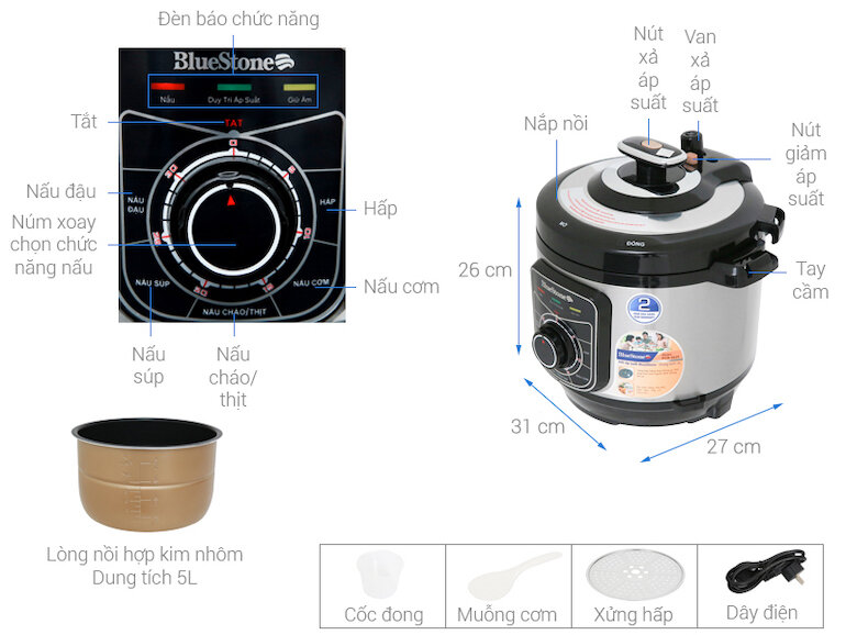 Nồi áp suất Bluestone pcb-5619 dễ dàng sử dụng với điều khiển núm vặn kèm tiếng Việt và đèn báo hiệu.