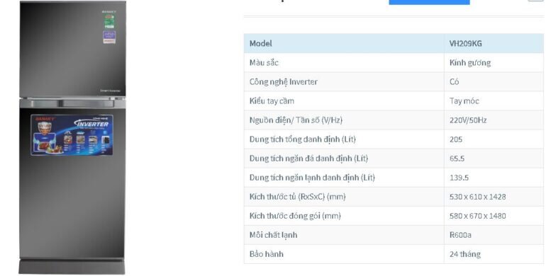 Tủ lạnh Sanaky 205l VH-209KG