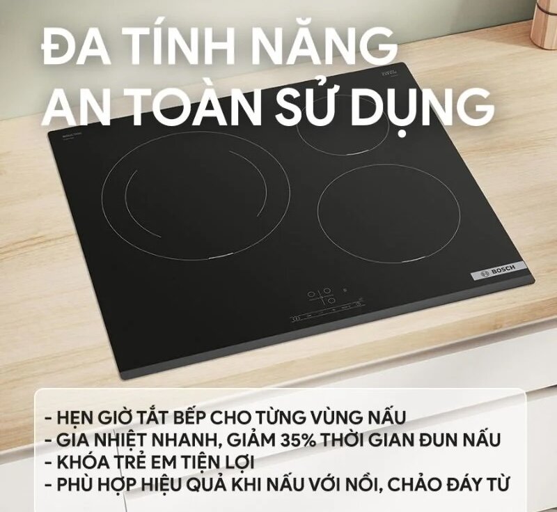 Bếp từ ba Bosch PIJ631BB5E tính năng hiện đại hỗ trợ nấu ăn tiện lợi