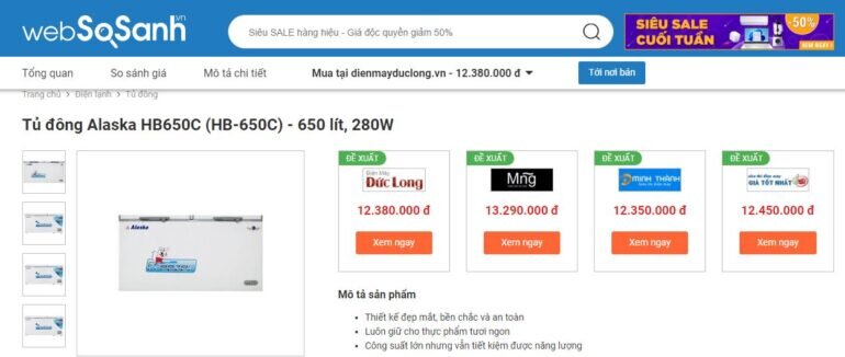 Giá tủ đông Alaska HB650C (HB-650C) - 650 lít, 280W