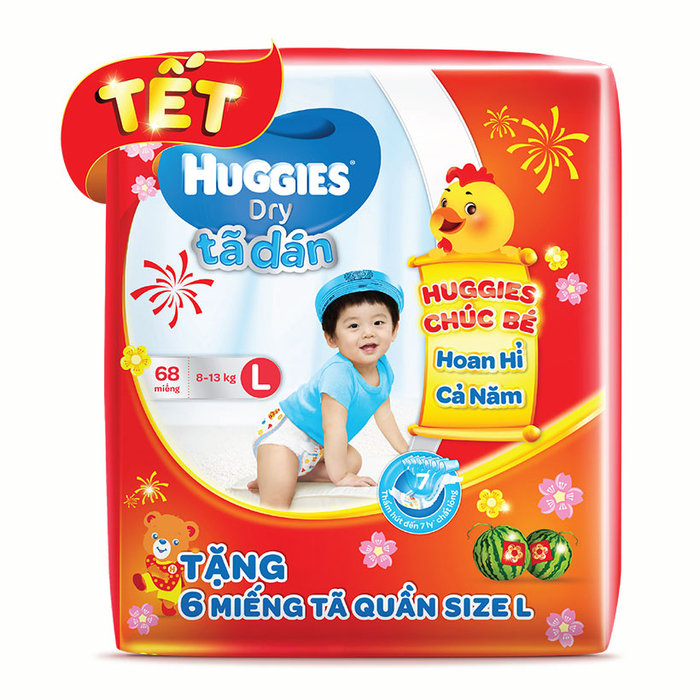 Tã dán Huggies Dry Jumbo L68 (8-13kg) - Tặng 6 miếng (Bao bì tết 2017)...