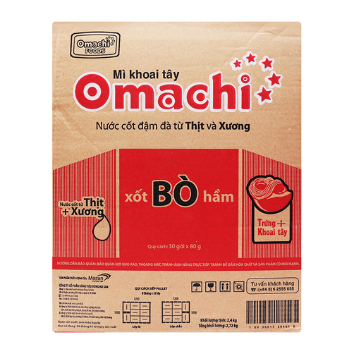 Mì khoai tây sốt bò hầm Omachi thùng 30 gói x 80g 