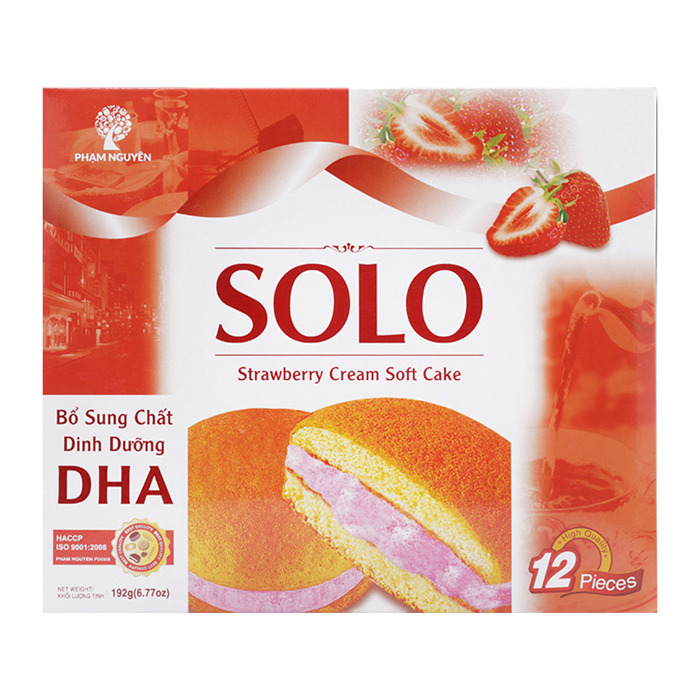 Bánh bông lan kem dâu Solo hộp 196g-Hộp 12 cái 