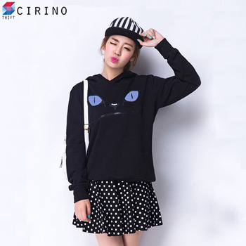 Áo khoác Hoodie nữ thêu họa tiết mèo-Đen-CIRINO-