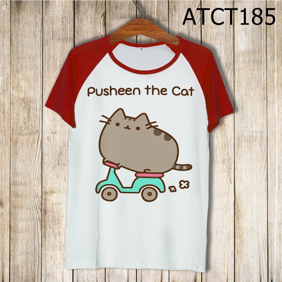 Áo phông trắng tay màu in hình mèo Pusheen ATCT185