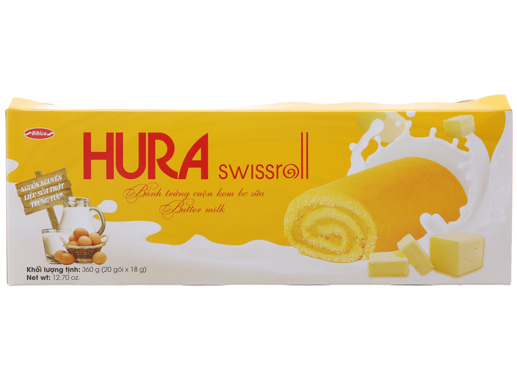 Bánh trứng cuộn kem bơ sữa Hura Swissroll hộp 360g