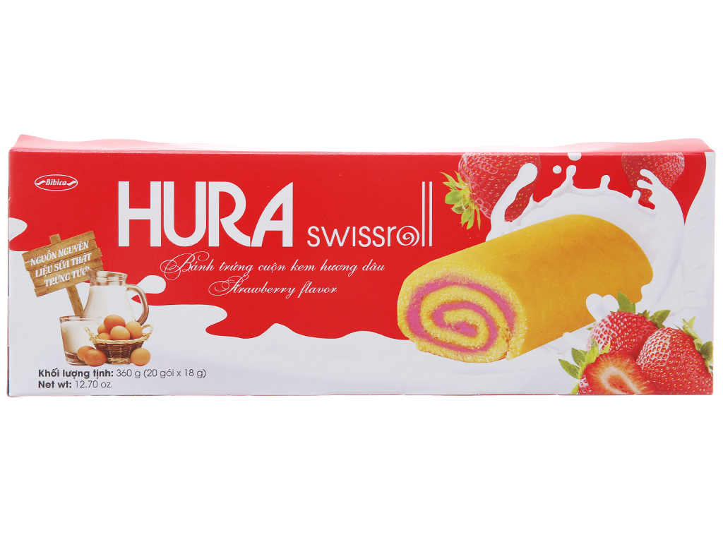 Bánh trứng cuộn kem hương dâu Hura Swissroll hộp 360g