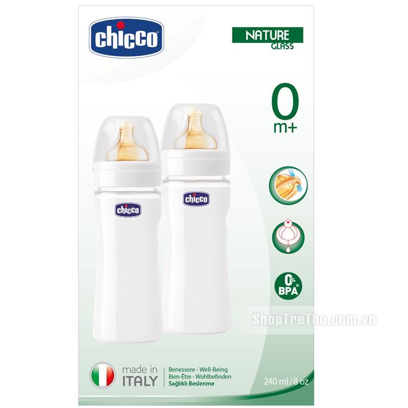 Bộ 2 bình thủy tinh tự nhiên núm cao su Chicco 240ml