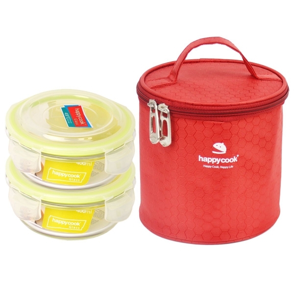 Bộ 2 hộp thủy tinh tròn kèm túi giữ nhiệt Happy Cook Glass HCG-02C (400ml)