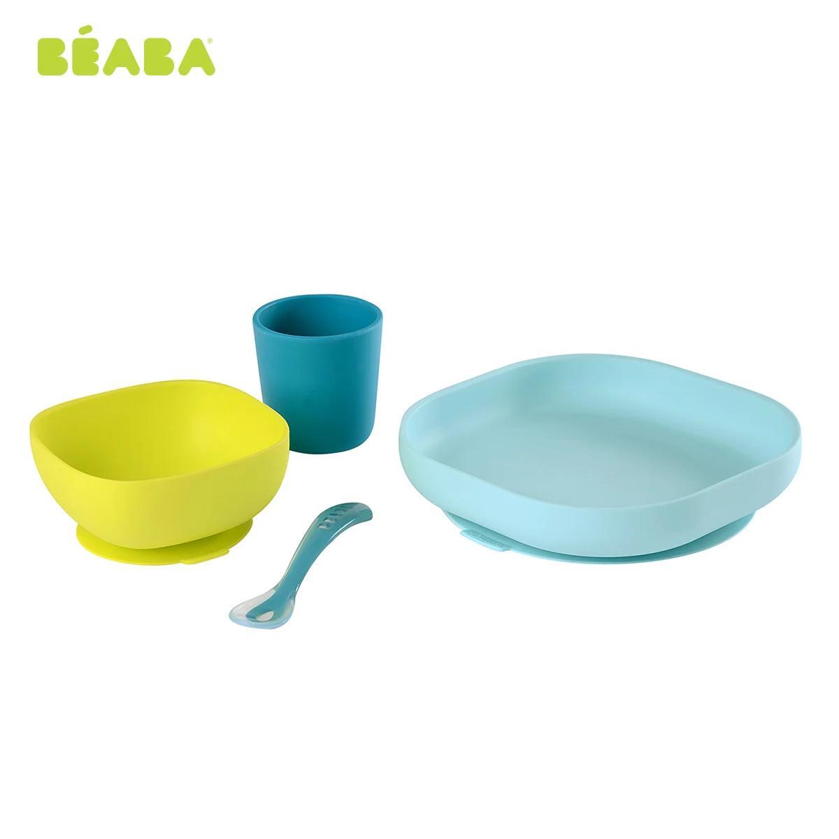 Bộ ăn dặm Silicone đế hít không đổ Béaba Neon Blue