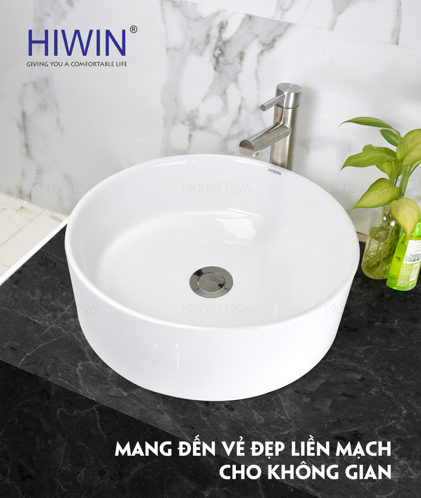 Chậu lavabo trắng sứ dương bàn dáng trụ tròn cao cấp Hiwin LP-8017