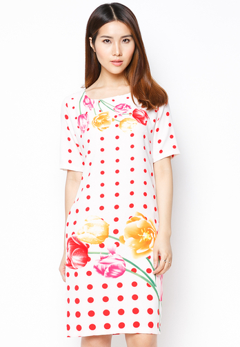 Đầm Hoàng Khanh Fashion chấm bi hoa màu trắng HK 214