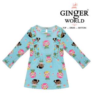 Đầm liền váy thun tay dài in hình bé gái Ginger World CS0006