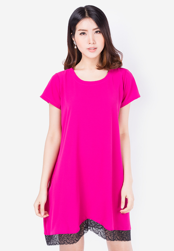 Đầm oversize Hoàng Khanh Fashion màu hồng tay ngắn