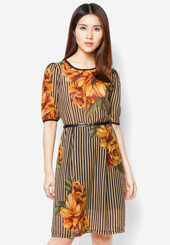 Đầm vintage Hoàng Khanh Fashion tay ngắn sọc hoa màu nâu