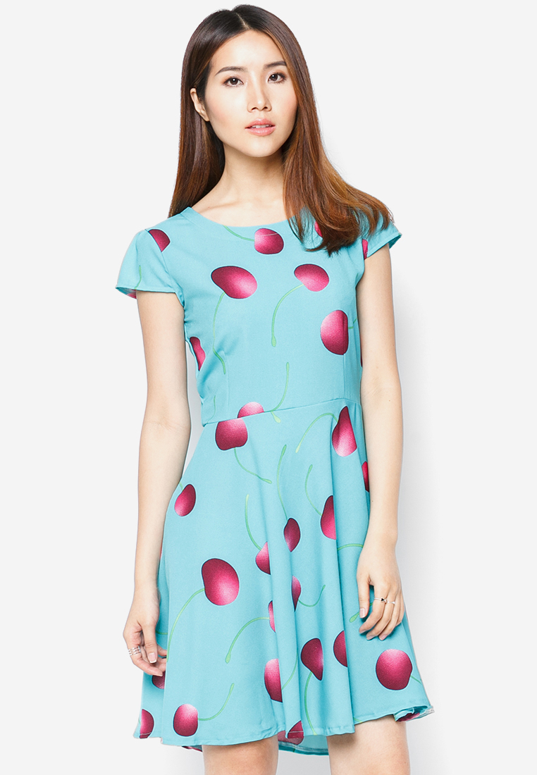 Đầm xòe Hoàng Khanh Fashion họa tiết Cherry xanh da trời