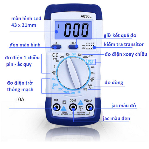 đồng hồ đo điện VOM màn hình điện tử có đèn - A830L