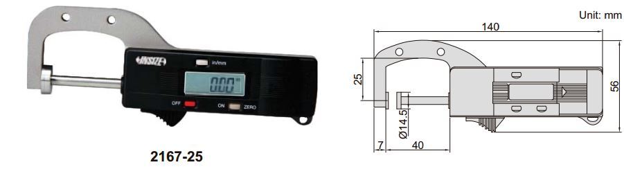 Đồng hồ đo độ dày vật liệu điện tử Insize 2167-25 (0-25mm/0.01mm)