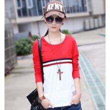 Áo thun nữ tay dài ghép sọc đỏ trắng MT218