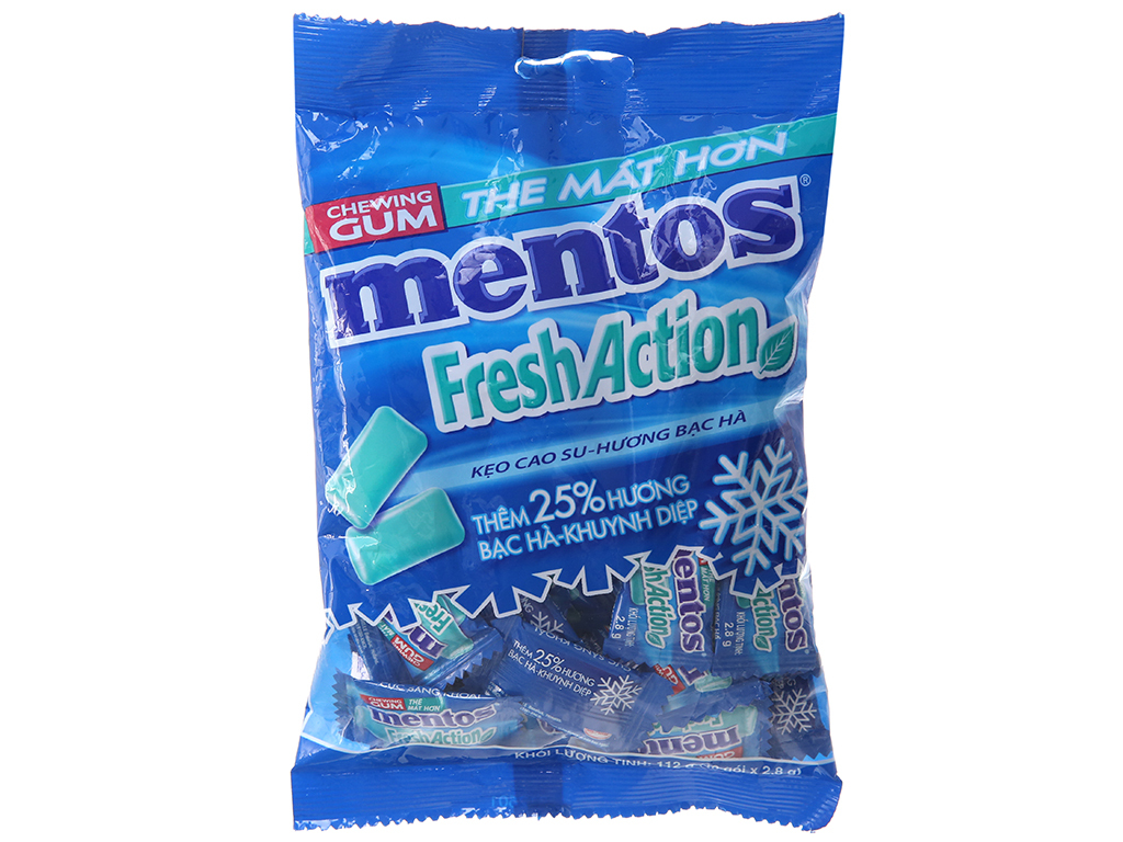 Kẹo cao su Mentos Fresh Action hương bạc hà gói 112g