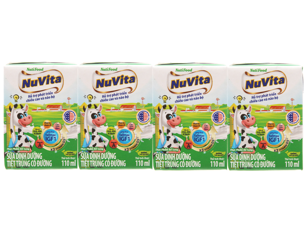 Lốc 4 hộp sữa tiệt trùng có đường Nuvita 110ml