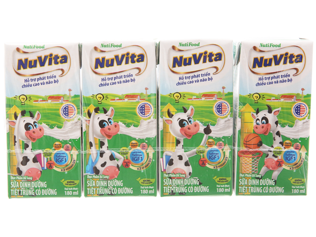 Lốc 4 hộp sữa tiệt trùng có đường Nuvita 180ml